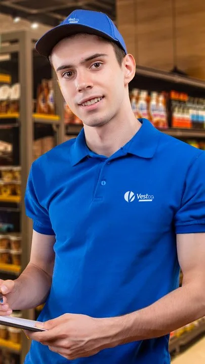 Atendente de boné e polo azul VestCo em supermercado, com prancheta na mão