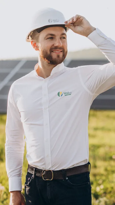 Engenheiro de capacete e camisa branca VestCo com proteção UV em usina solar
